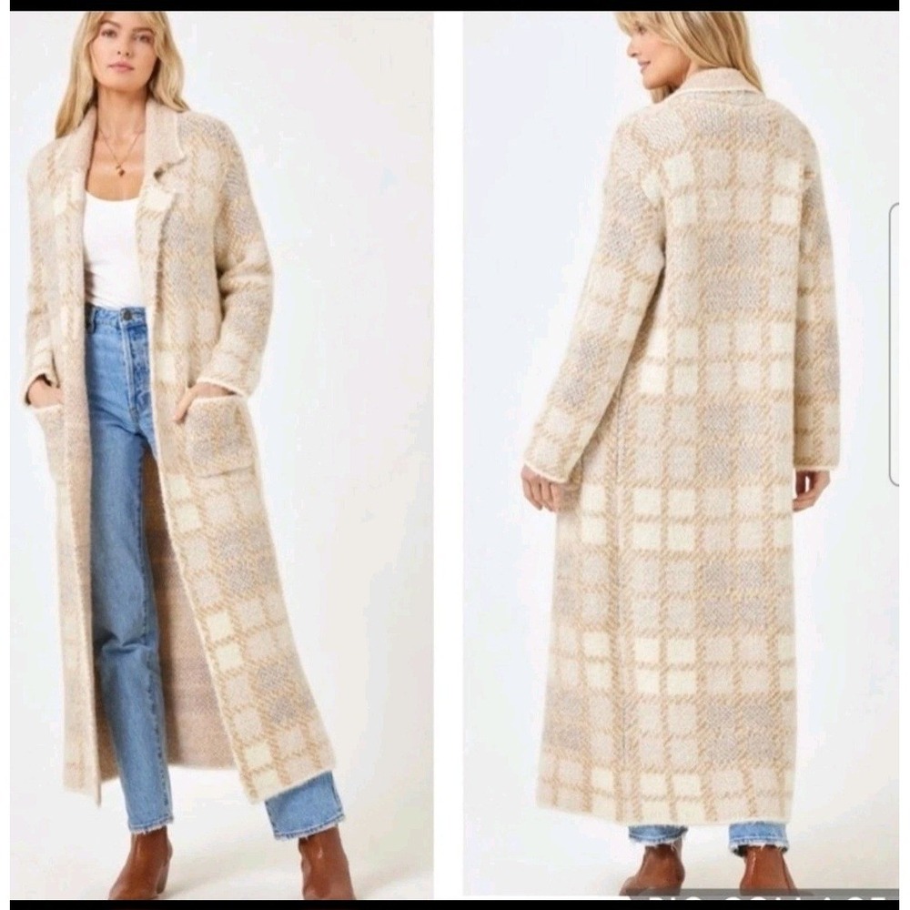 LSPACE Hygge Long Sweater Jacket Alpaca Wool Blend Tan Plaid SZ M/L London Chic